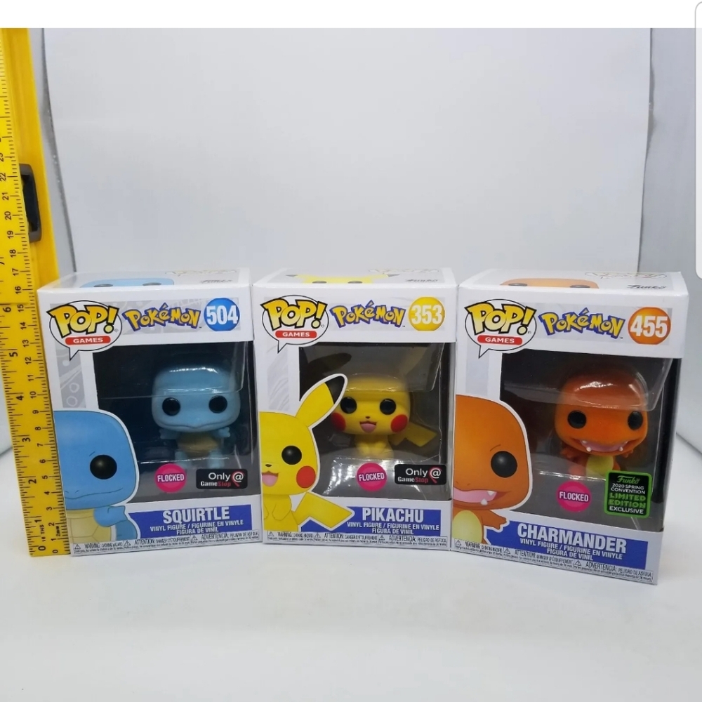 Pokemon Flocked Funko Pop! Pikachu Squirtle Charmander Exclusives with Protector - Picture 1 of 11